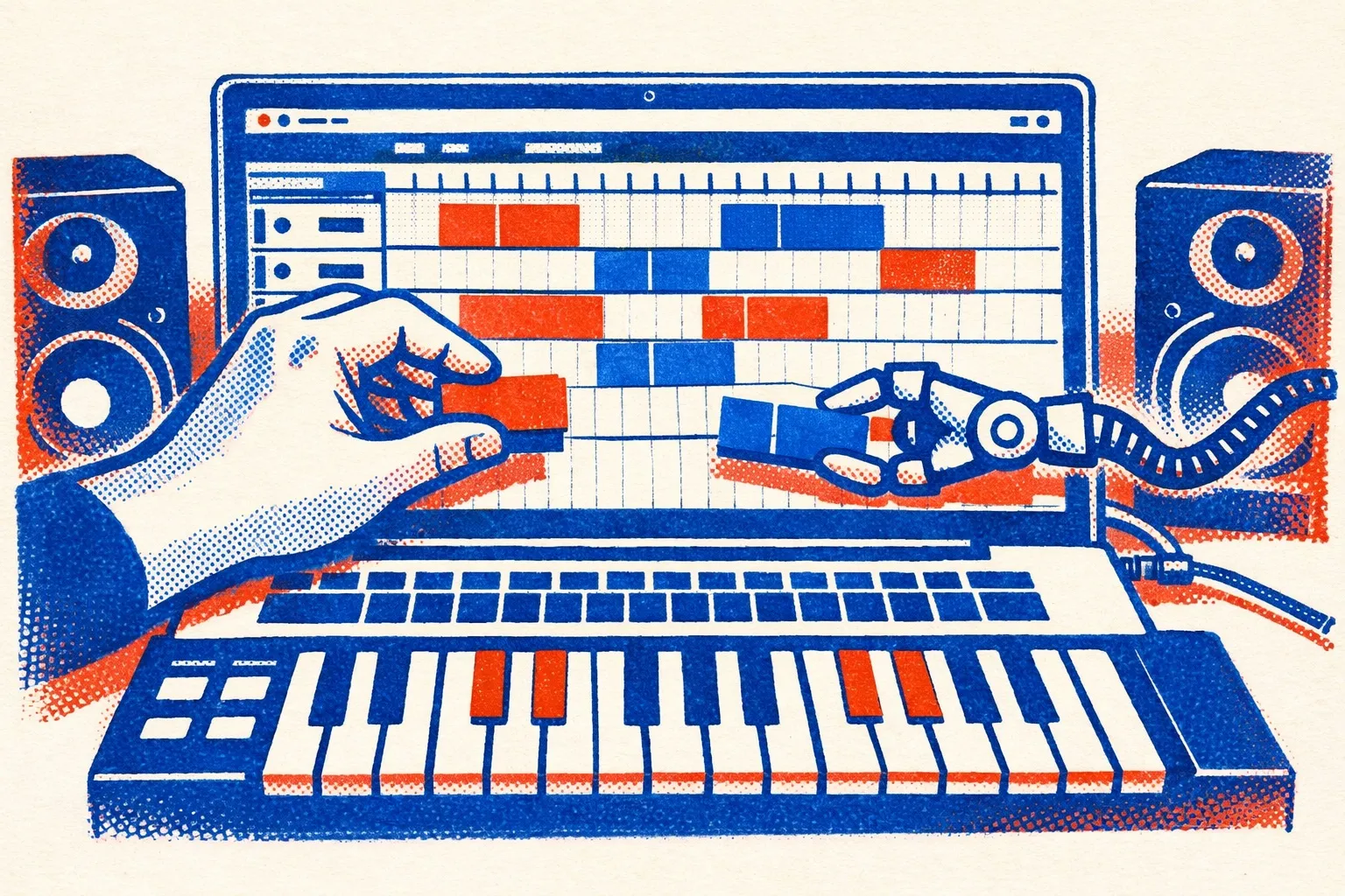 risograph print: a human hand and a robot claw on a cable place clips onto the same music timeline